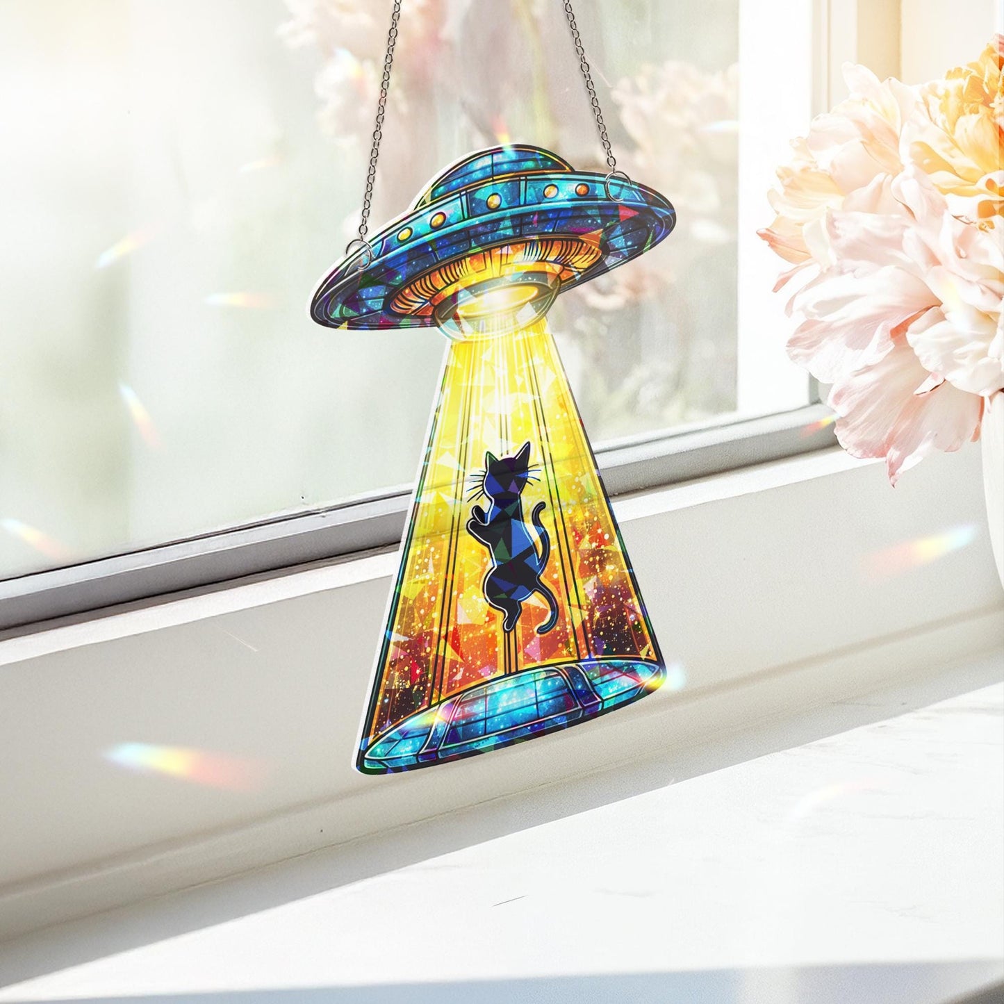 Funny Cat UFO Suncatcher, Alien Spaceship Decor, Quirky Gift for Cat Lovers, Gift for Cat Mom or Personalized Space Decor, Cat Home Decor