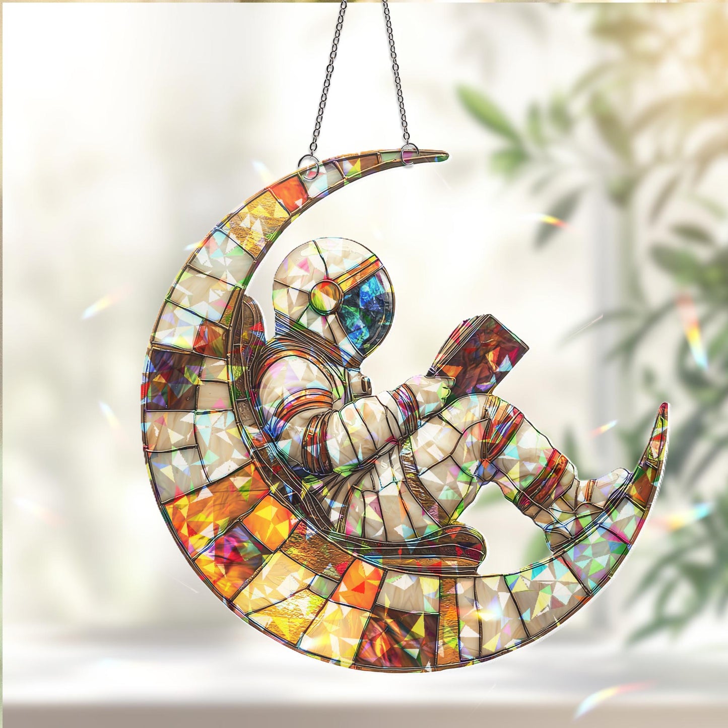 Astronaut on Moon Suncatcher, Cosmic Space Hanging, Book Lover Outer Space Gift, Galaxy Room Decor, Christmas Kid Gift, Book Lover Ornament