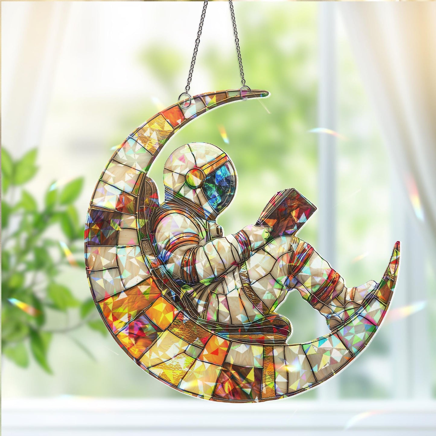 Astronaut on Moon Suncatcher, Cosmic Space Hanging, Book Lover Outer Space Gift, Galaxy Room Decor, Christmas Kid Gift, Book Lover Ornament