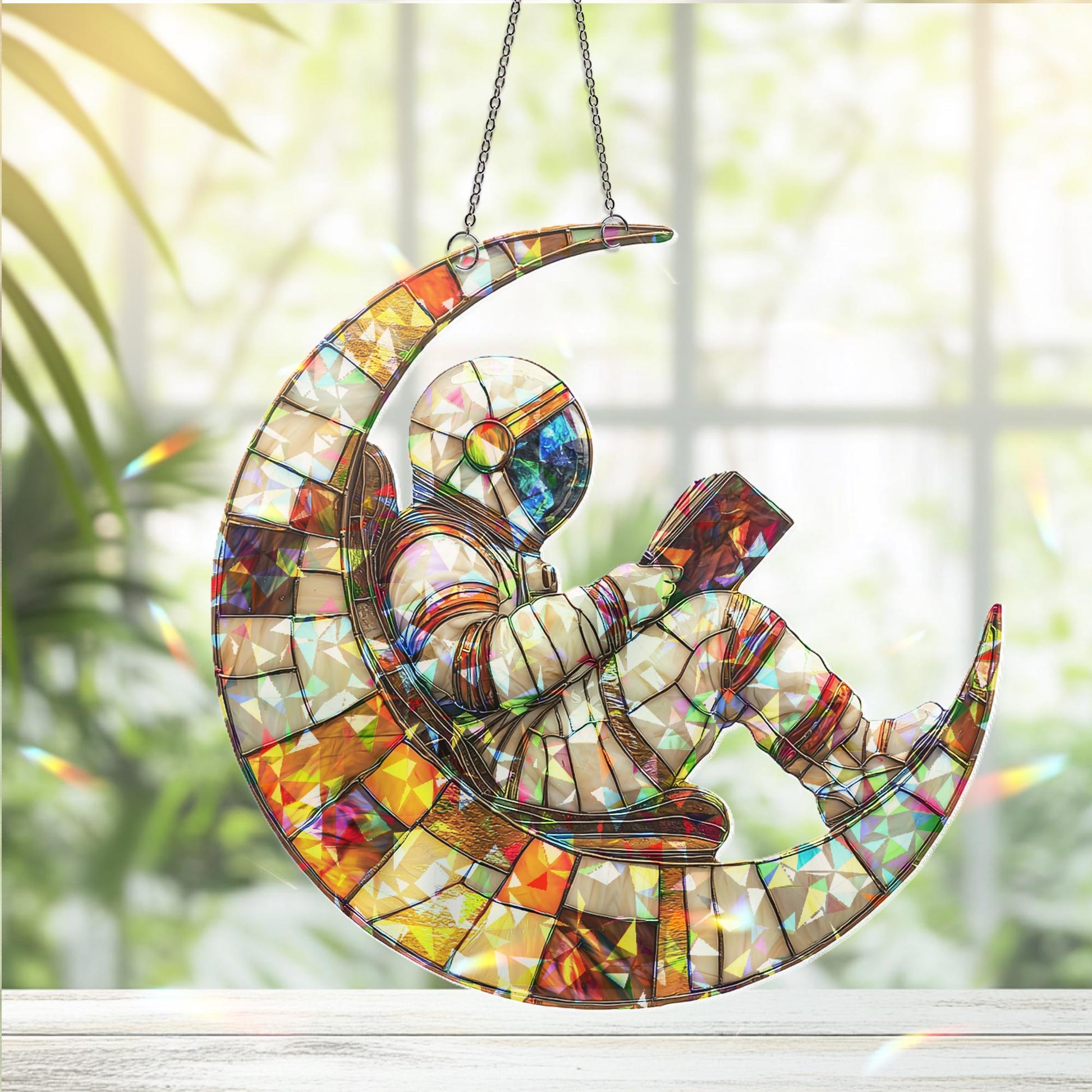 Astronaut on Moon Suncatcher, Cosmic Space Hanging, Book Lover Outer Space Gift, Galaxy Room Decor, Christmas Kid Gift, Book Lover Ornament