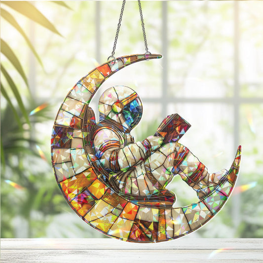 Astronaut on Moon Suncatcher, Cosmic Space Hanging, Book Lover Outer Space Gift, Galaxy Room Decor, Christmas Kid Gift, Book Lover Ornament