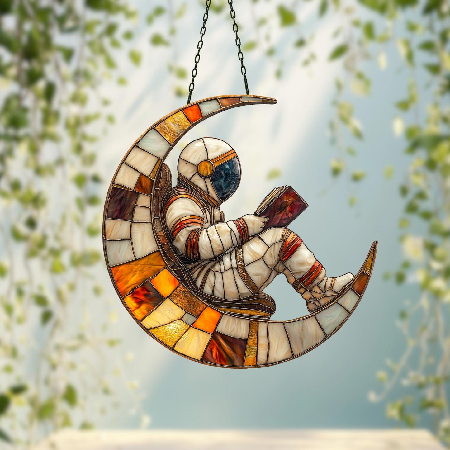 Astronaut on Moon Suncatcher, Cosmic Space Hanging, Book Lover Outer Space Gift, Galaxy Room Decor, Christmas Kid Gift, Book Lover Ornament