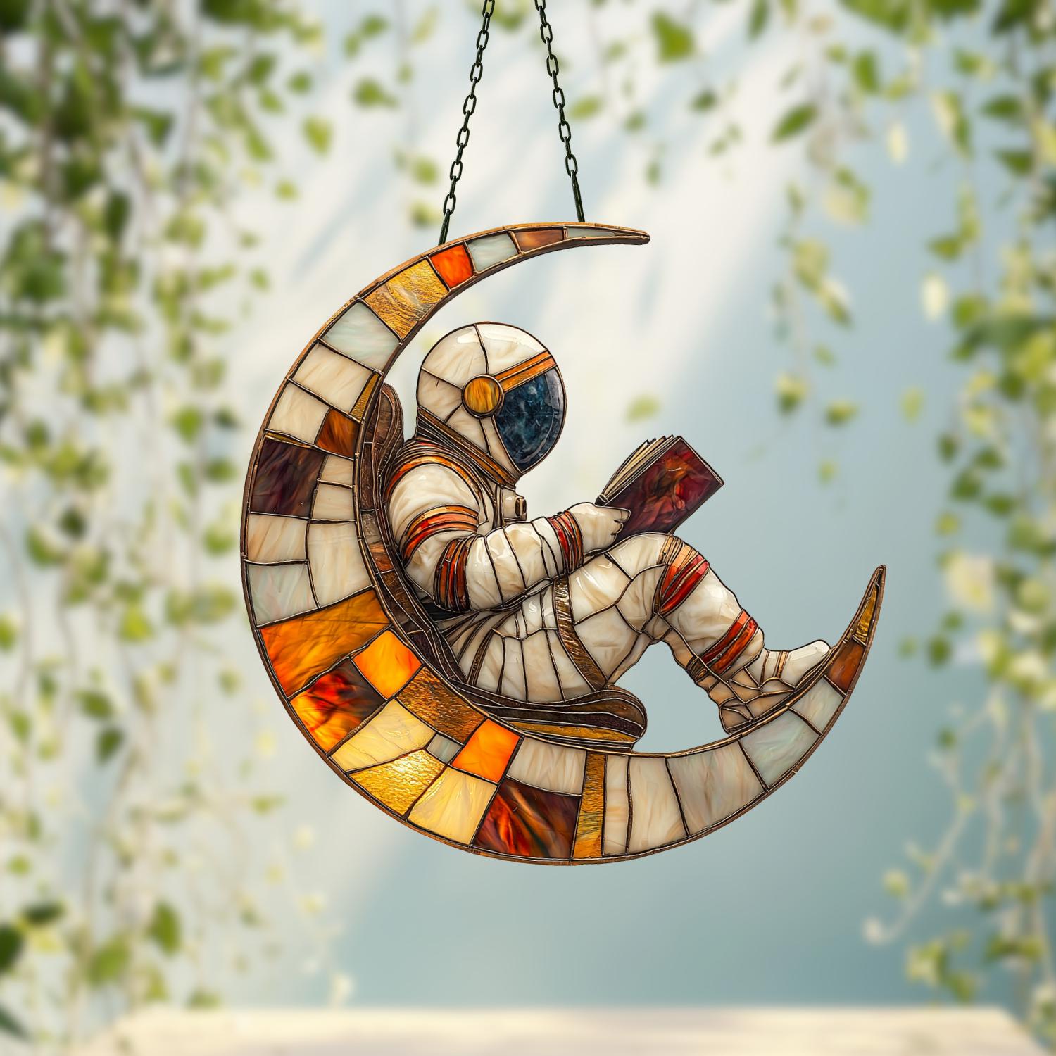 Astronaut on Moon Suncatcher, Cosmic Space Hanging, Book Lover Outer Space Gift, Galaxy Room Decor, Christmas Kid Gift, Book Lover Ornament