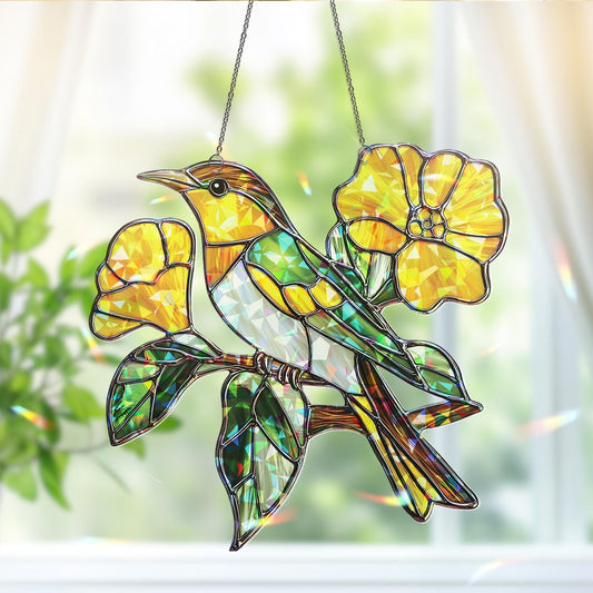 Green Jay Bird Acrylic Suncatcher | Vibrant Green and Yellow Window Hanging | Nature-Inspired Decor | Bright Floral Bird Sun Catcher