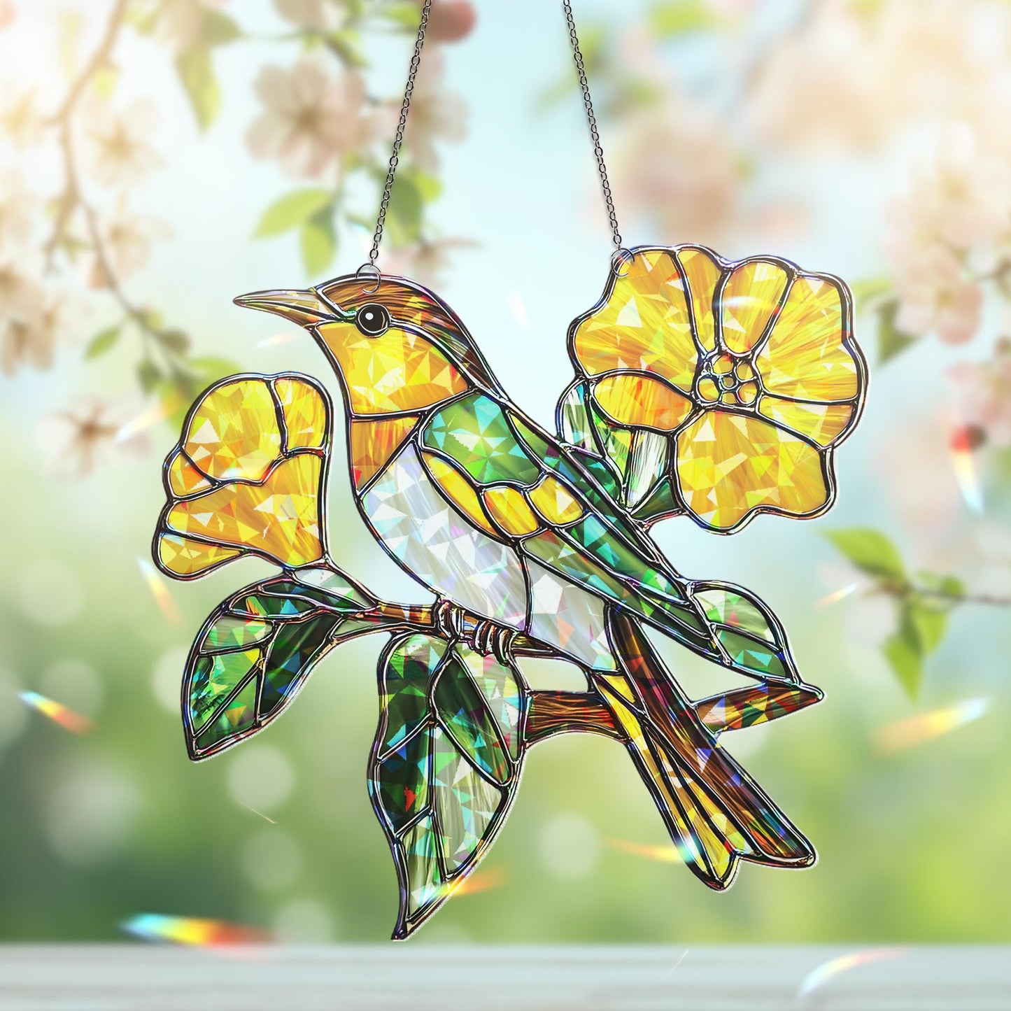 Green Jay Bird Acrylic Suncatcher | Vibrant Green and Yellow Window Hanging | Nature-Inspired Decor | Bright Floral Bird Sun Catcher