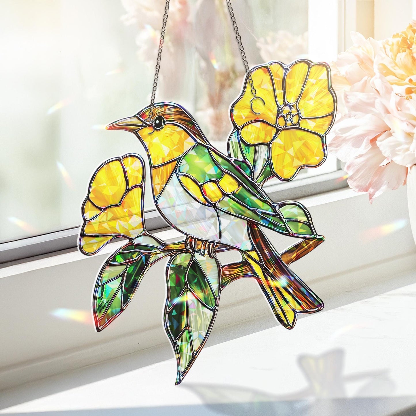 Green Jay Bird Acrylic Suncatcher | Vibrant Green and Yellow Window Hanging | Nature-Inspired Decor | Bright Floral Bird Sun Catcher
