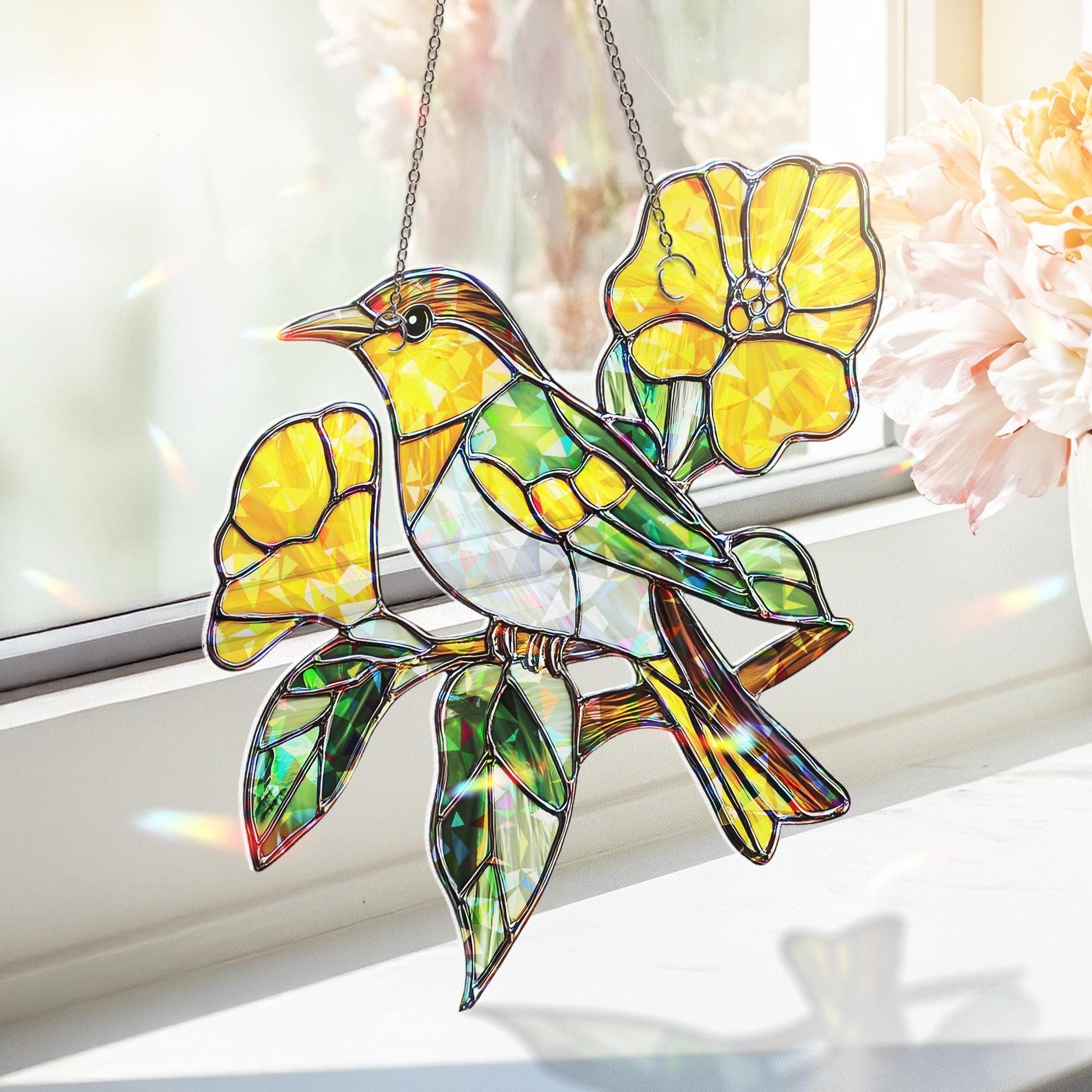 Green Jay Bird Acrylic Suncatcher | Vibrant Green and Yellow Window Hanging | Nature-Inspired Decor | Bright Floral Bird Sun Catcher