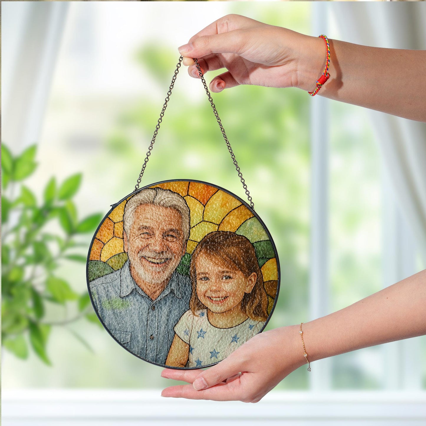 Personalized Grandpa And Grandkids Portrait Faux Stained Glass, Family Window Hanging From Multiple Photo, Fathers Day Gift For Dad, Grandpa
