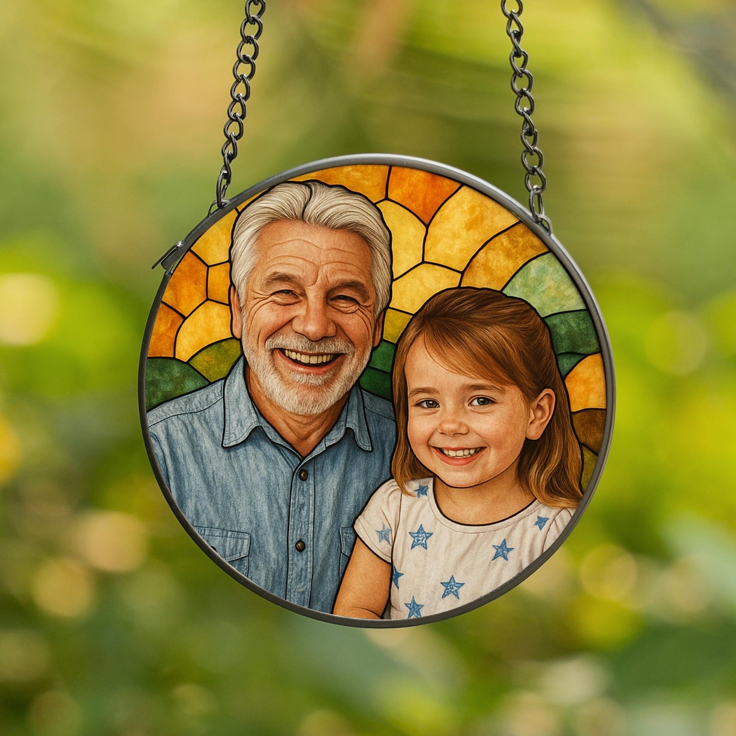 Personalized Grandpa And Grandkids Portrait Faux Stained Glass, Family Window Hanging From Multiple Photo, Fathers Day Gift For Dad, Grandpa