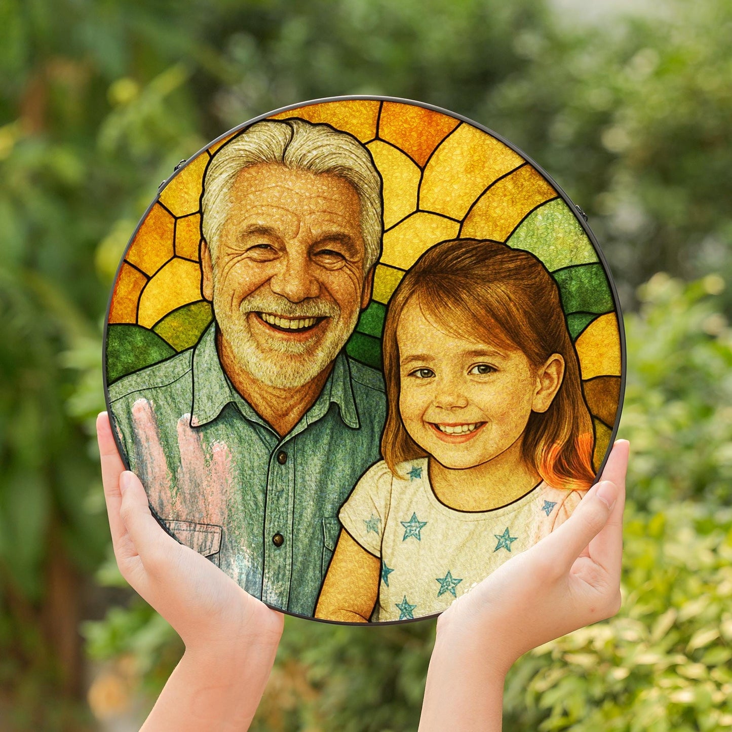 Personalized Grandpa And Grandkids Portrait Faux Stained Glass, Family Window Hanging From Multiple Photo, Fathers Day Gift For Dad, Grandpa
