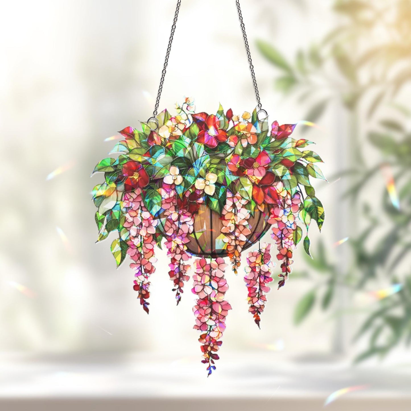 Hanging Basket Floral Suncatcher, Blooming Flower Window Decor, Garden Lover Gift, Wisteria Ornament Decor , Flower Decor, Gift For Her