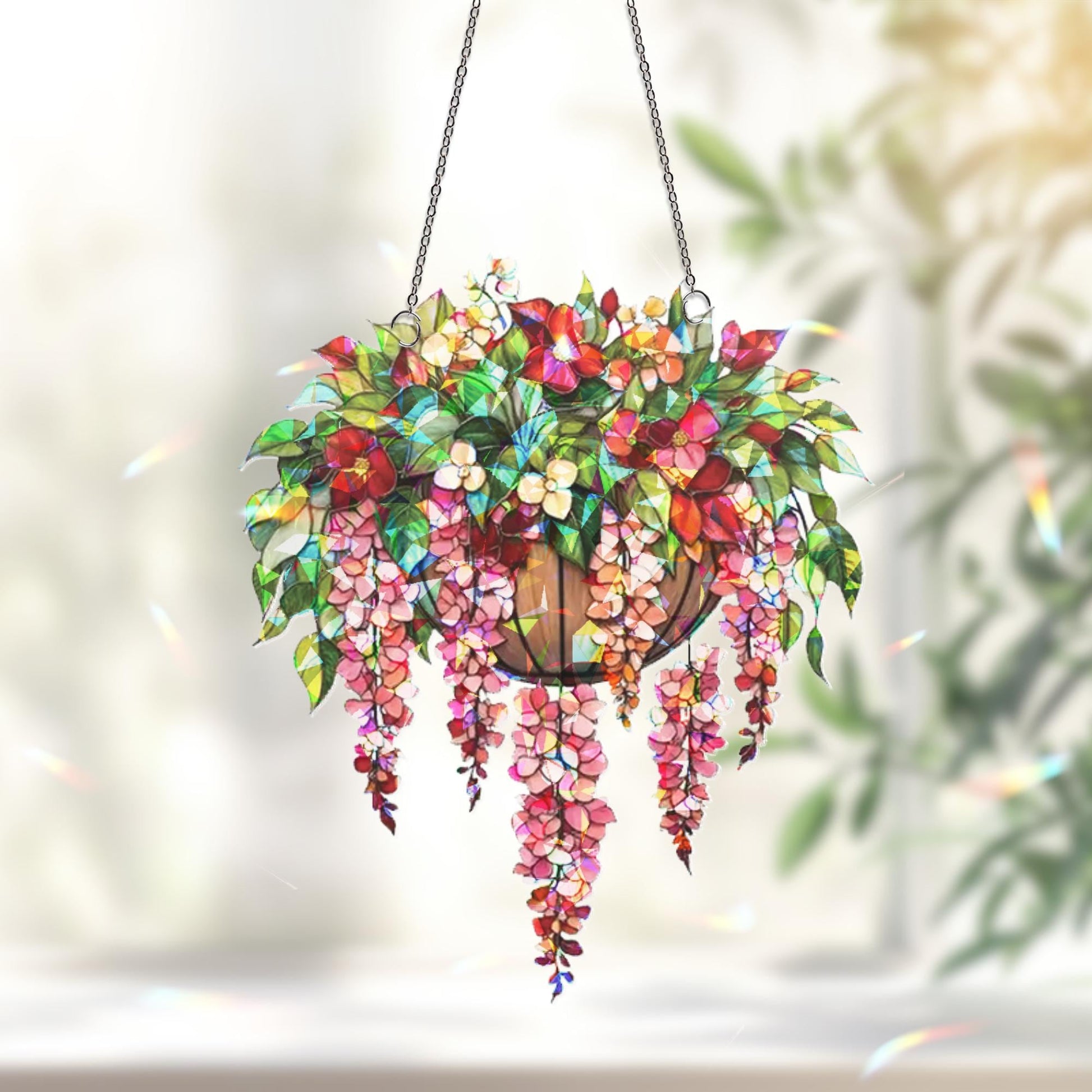 Hanging Basket Floral Suncatcher, Blooming Flower Window Decor, Garden Lover Gift, Wisteria Ornament Decor , Flower Decor, Gift For Her
