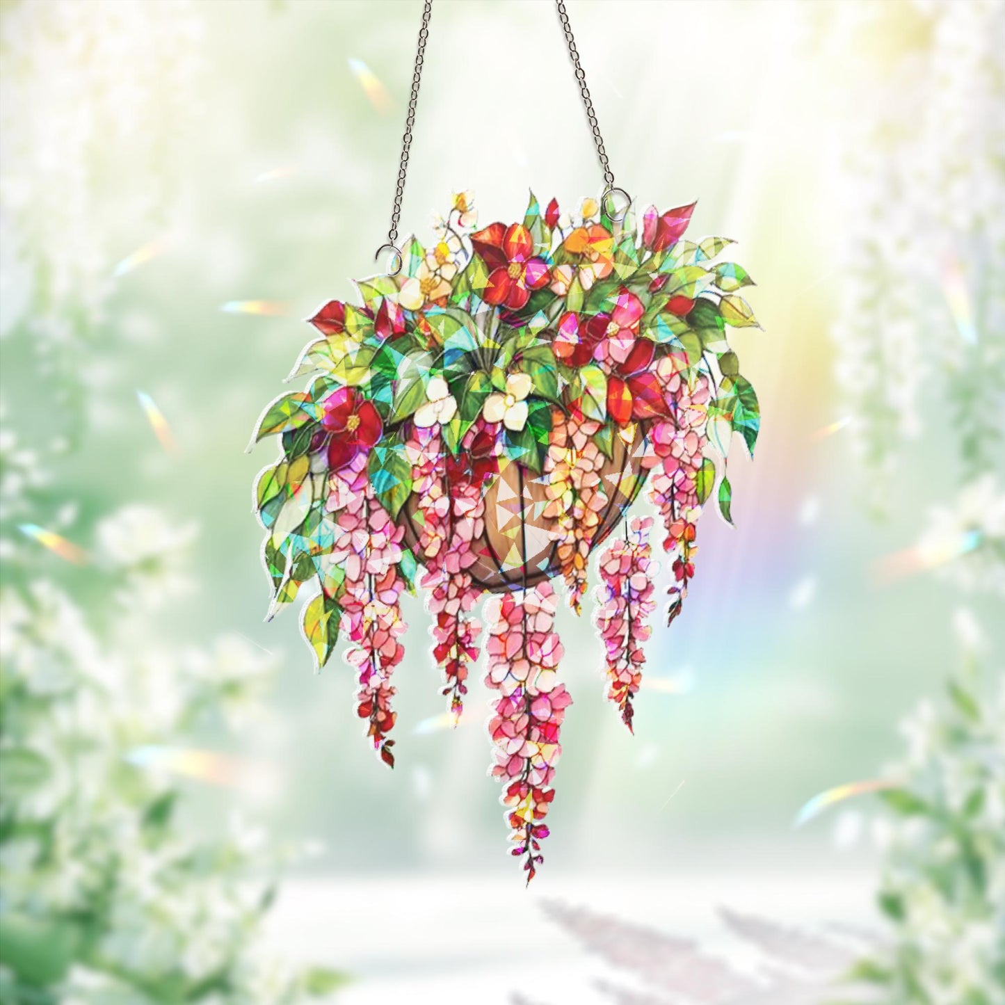 Hanging Basket Floral Suncatcher, Blooming Flower Window Decor, Garden Lover Gift, Wisteria Ornament Decor , Flower Decor, Gift For Her