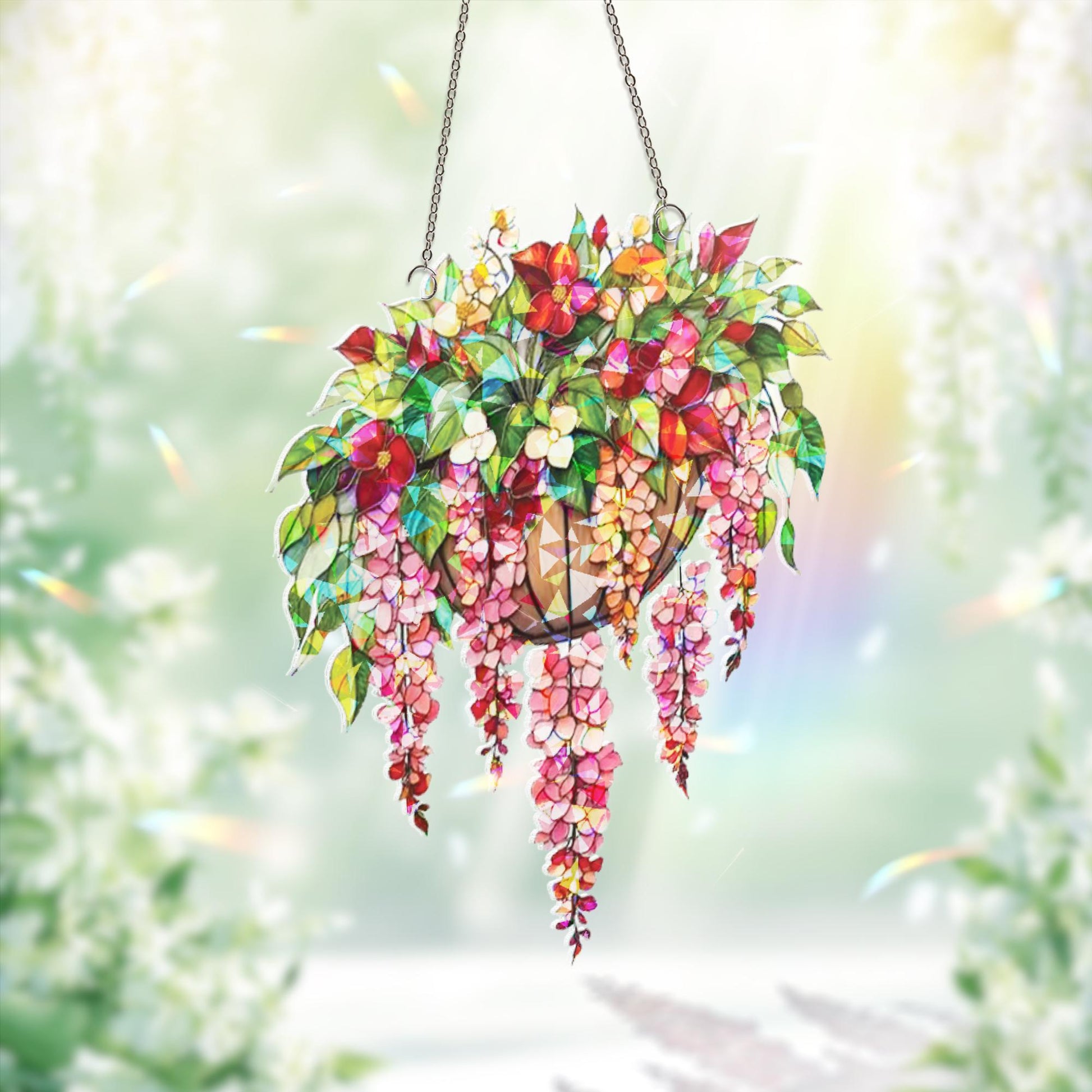 Hanging Basket Floral Suncatcher, Blooming Flower Window Decor, Garden Lover Gift, Wisteria Ornament Decor , Flower Decor, Gift For Her