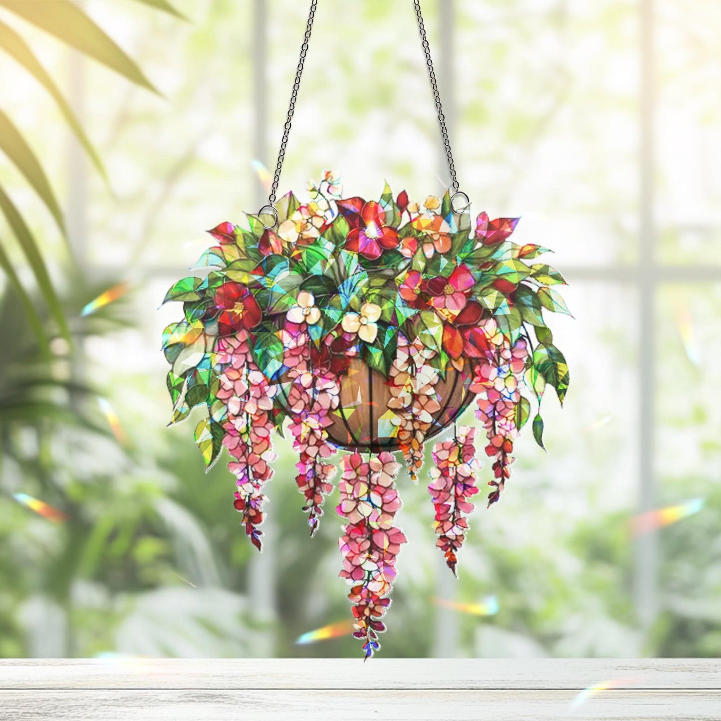 Hanging Basket Floral Suncatcher, Blooming Flower Window Decor, Garden Lover Gift, Wisteria Ornament Decor , Flower Decor, Gift For Her