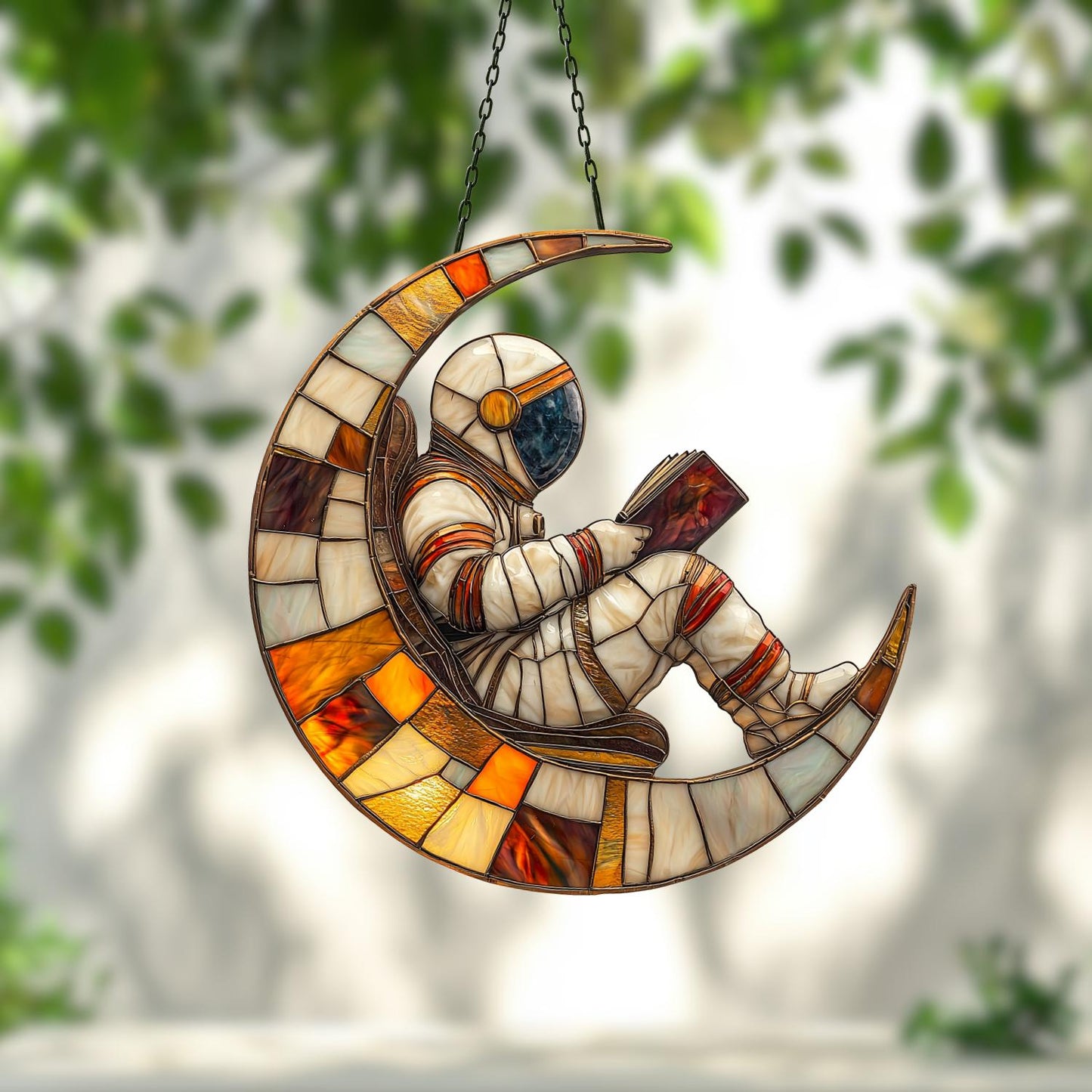Astronaut on Moon Suncatcher, Cosmic Space Hanging, Book Lover Outer Space Gift, Galaxy Room Decor, Christmas Kid Gift, Book Lover Ornament