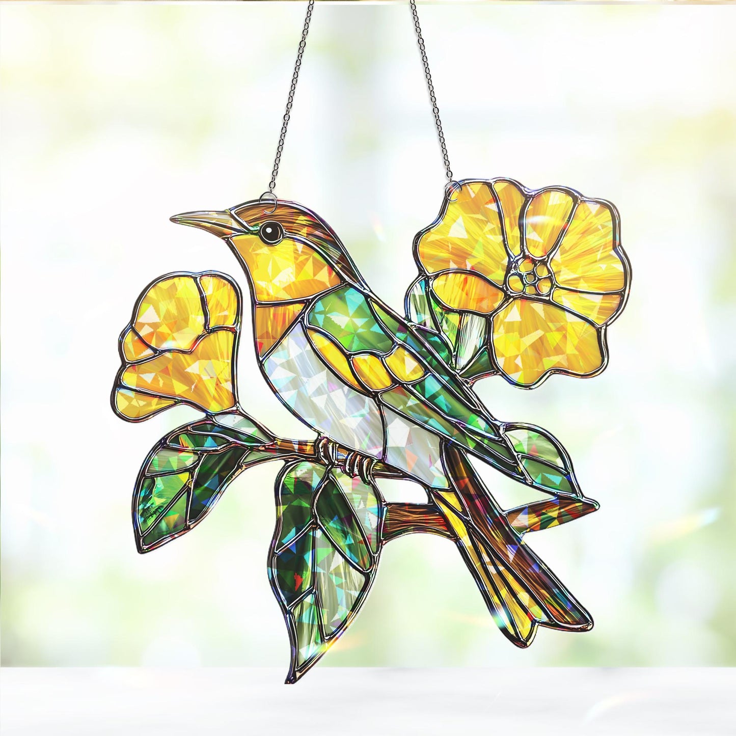 Green Jay Bird Acrylic Suncatcher | Vibrant Green and Yellow Window Hanging | Nature-Inspired Decor | Bright Floral Bird Sun Catcher