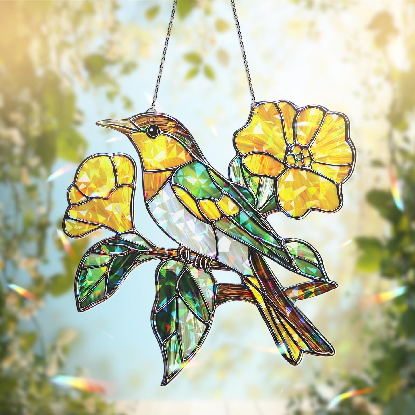Green Jay Bird Acrylic Suncatcher | Vibrant Green and Yellow Window Hanging | Nature-Inspired Decor | Bright Floral Bird Sun Catcher