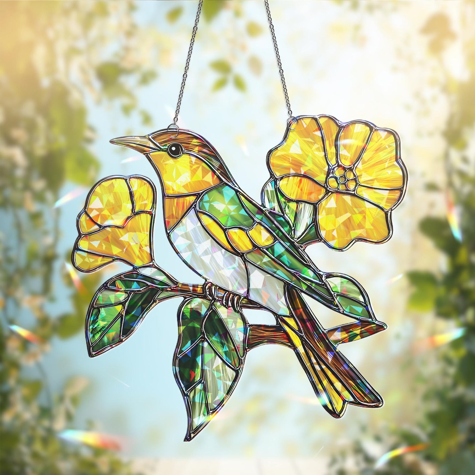 Green Jay Bird Acrylic Suncatcher | Vibrant Green and Yellow Window Hanging | Nature-Inspired Decor | Bright Floral Bird Sun Catcher