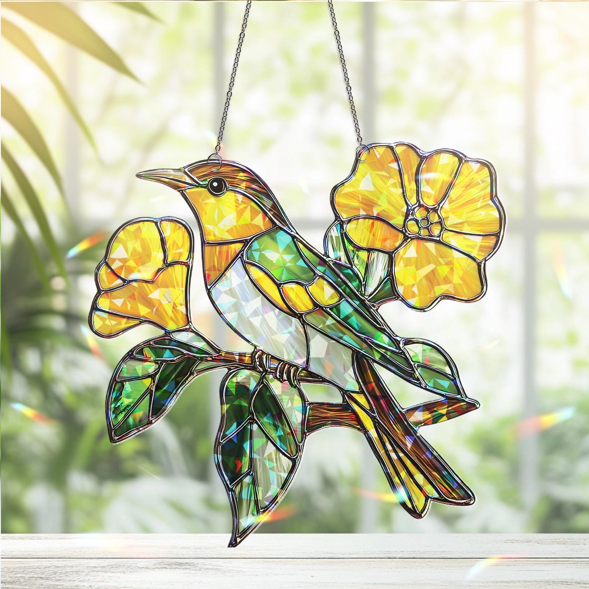 Green Jay Bird Acrylic Suncatcher | Vibrant Green and Yellow Window Hanging | Nature-Inspired Decor | Bright Floral Bird Sun Catcher