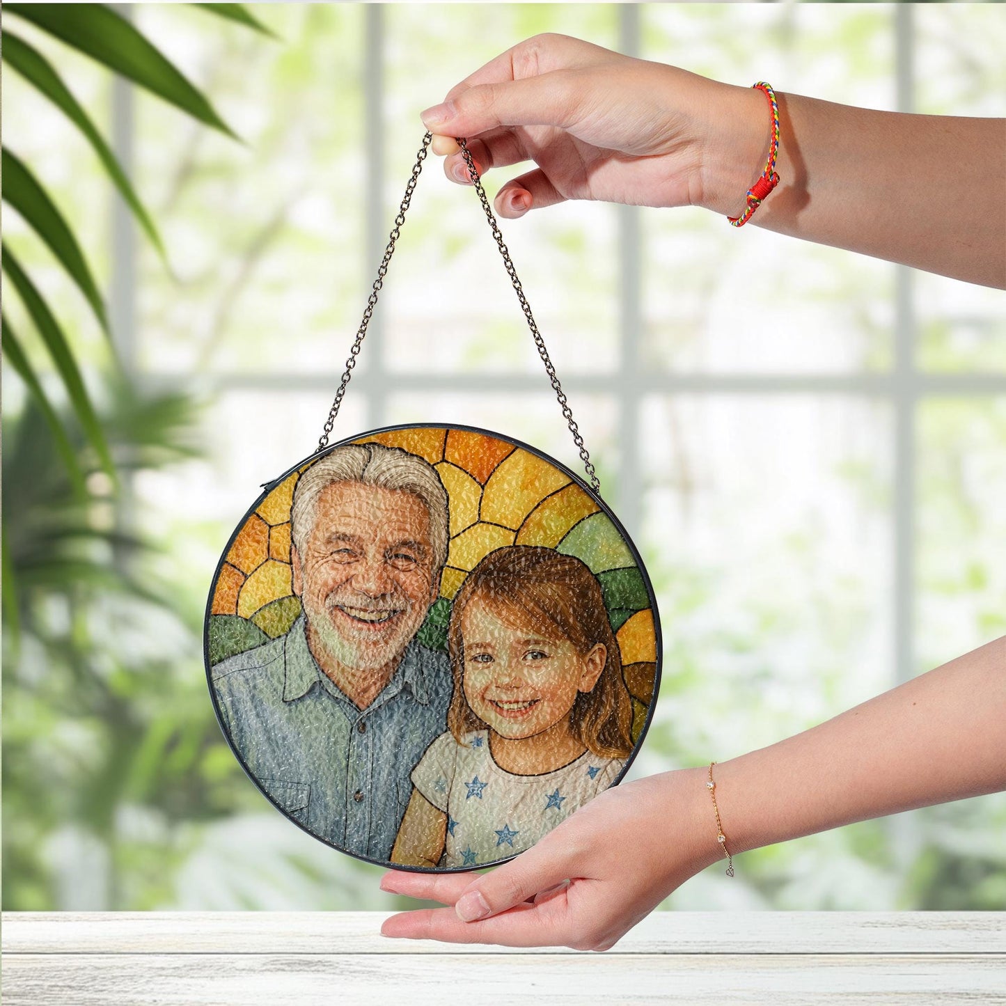 Personalized Grandpa And Grandkids Portrait Faux Stained Glass, Family Window Hanging From Multiple Photo, Fathers Day Gift For Dad, Grandpa