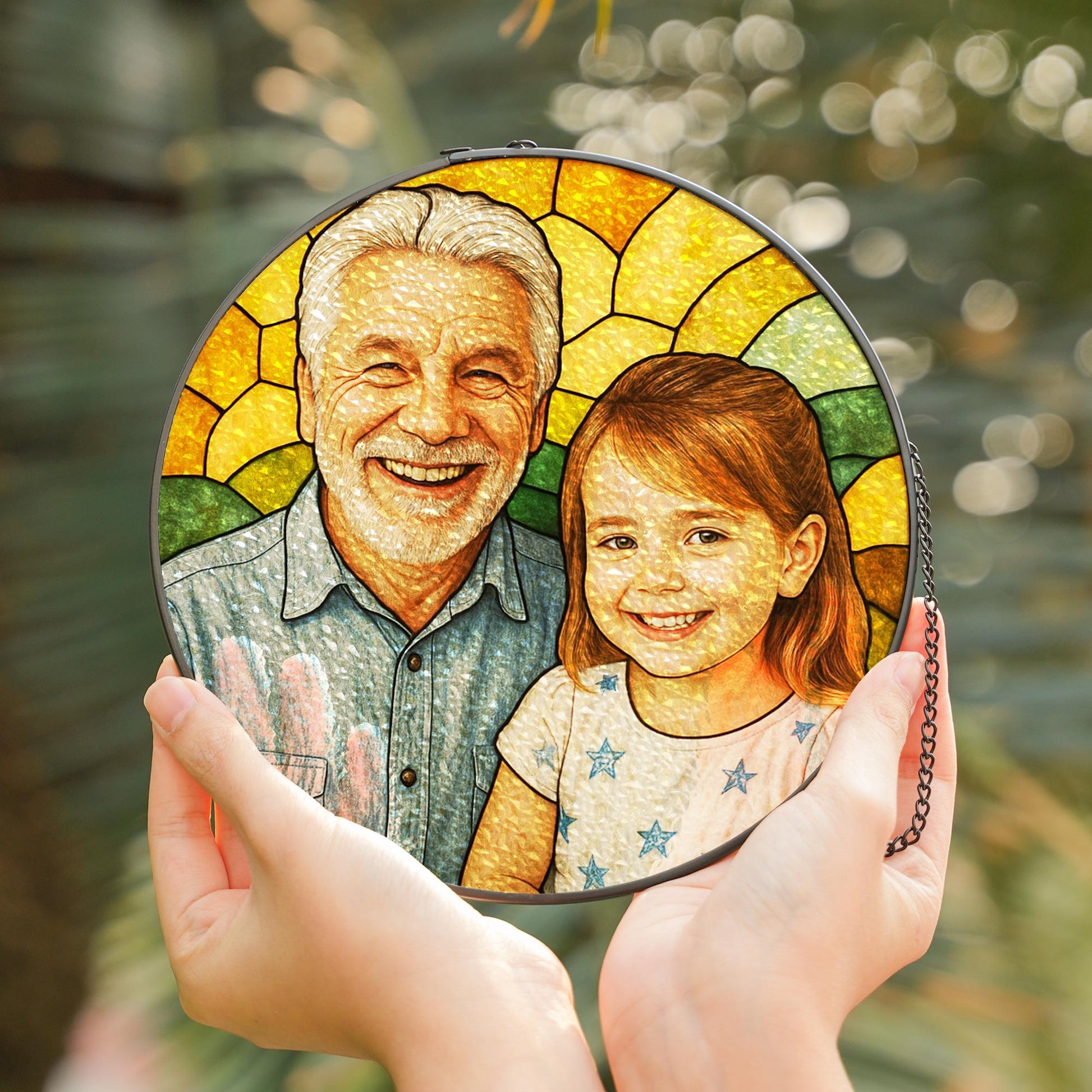Personalized Grandpa And Grandkids Portrait Faux Stained Glass, Family Window Hanging From Multiple Photo, Fathers Day Gift For Dad, Grandpa