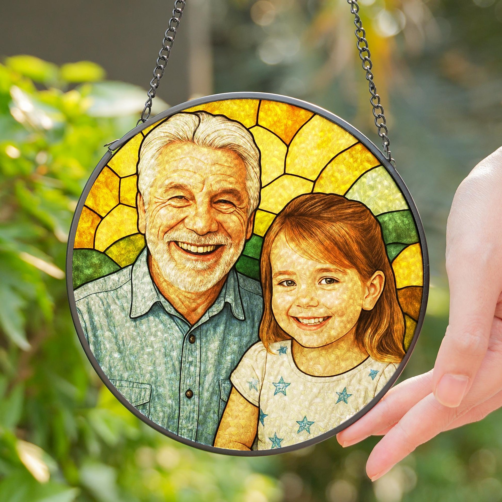 Personalized Grandpa And Grandkids Portrait Faux Stained Glass, Family Window Hanging From Multiple Photo, Fathers Day Gift For Dad, Grandpa