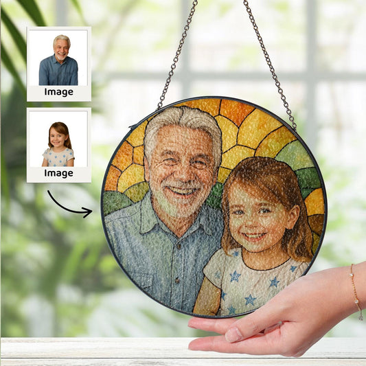 Personalized Grandpa And Grandkids Portrait Faux Stained Glass, Family Window Hanging From Multiple Photo, Fathers Day Gift For Dad, Grandpa
