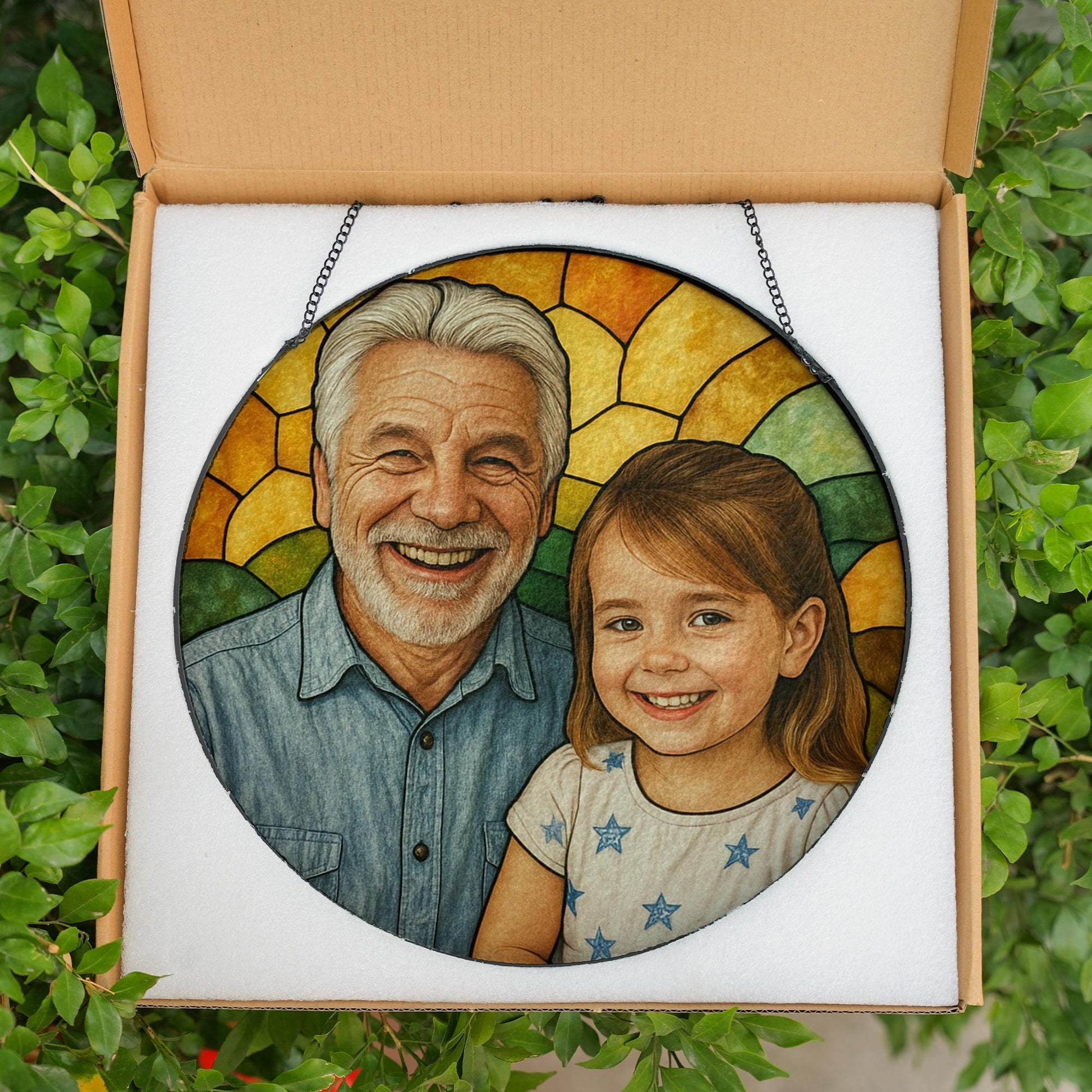 Personalized Grandpa And Grandkids Portrait Faux Stained Glass, Family Window Hanging From Multiple Photo, Fathers Day Gift For Dad, Grandpa