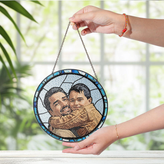 Personalized Fathers Day Gift, Custom Dad Portrait Stained Glass, Dad Gift From Kid, Dad Birthday Gifts, Dad Suncatcher Window Hanging