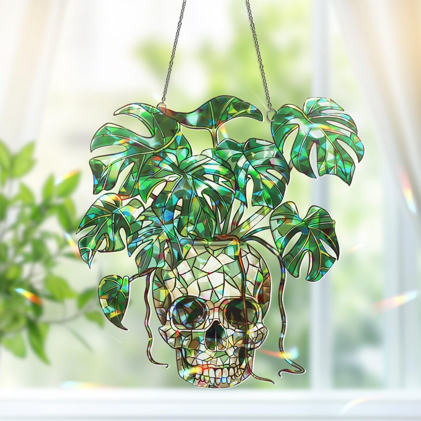 Plant Halloween Decor, Spooky Decor Art, Halloween Suncatcher Ornament, Monstera Ornament, Skull & Monstera Suncatcher, Plant Lovers Gift
