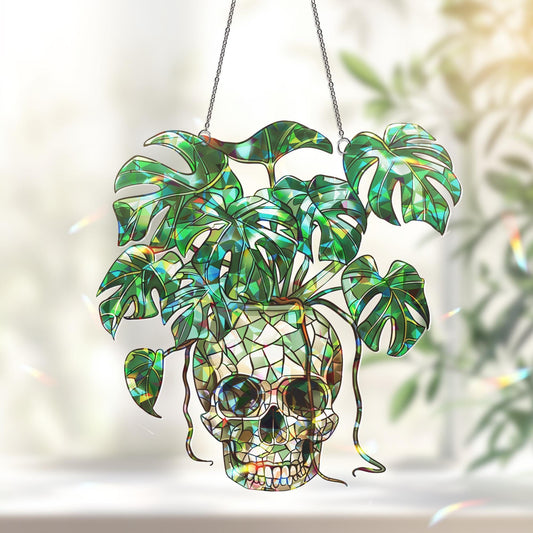 Plant Halloween Decor, Spooky Decor Art, Halloween Suncatcher Ornament, Monstera Ornament, Skull & Monstera Suncatcher, Plant Lovers Gift