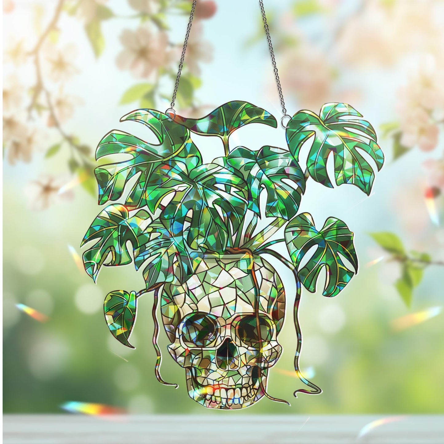 Plant Halloween Decor, Spooky Decor Art, Halloween Suncatcher Ornament, Monstera Ornament, Skull & Monstera Suncatcher, Plant Lovers Gift