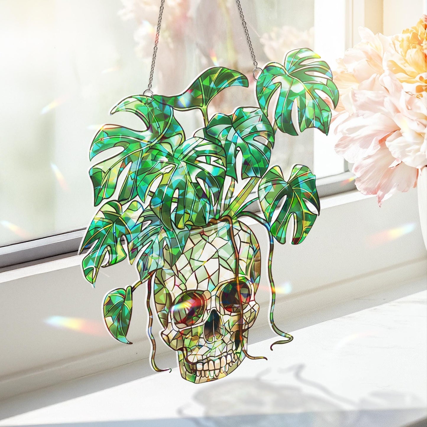 Plant Halloween Decor, Spooky Decor Art, Halloween Suncatcher Ornament, Monstera Ornament, Skull & Monstera Suncatcher, Plant Lovers Gift