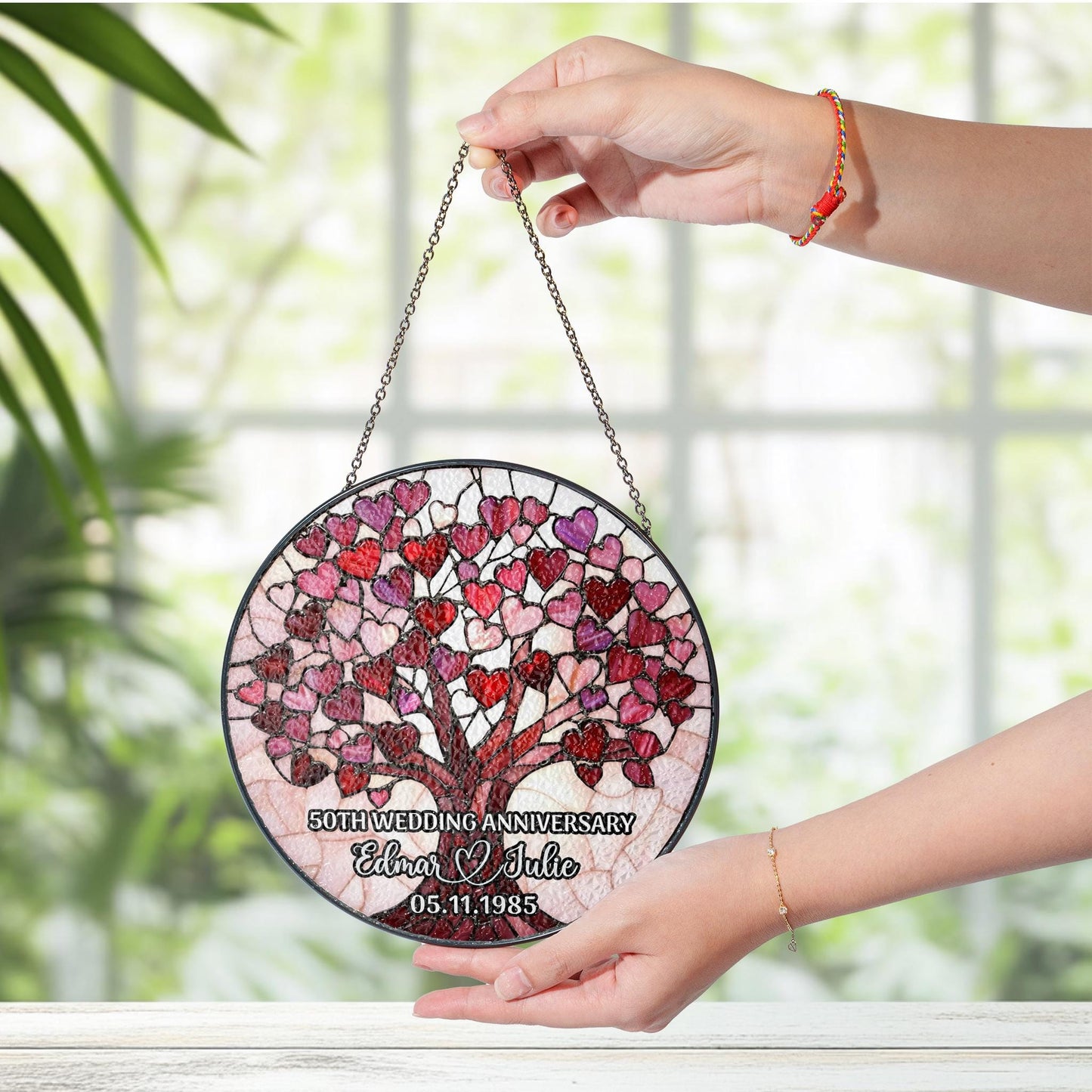 Personalized Wedding Anniversary Window Faux Stained Glass Suncatcher, Wedding Anniversary Keepsake, Sapphire Wedding Anniversary Gift