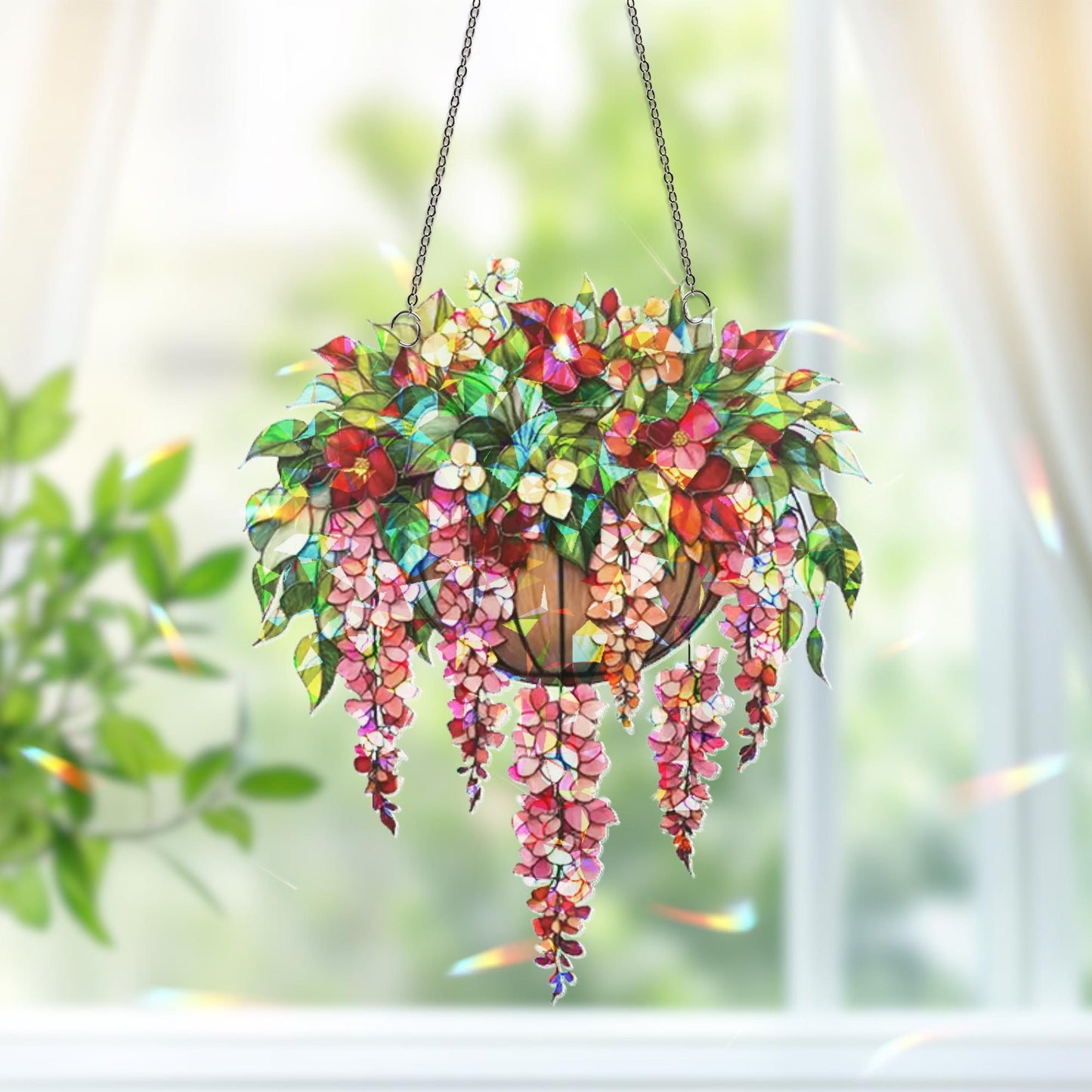 Hanging Basket Floral Suncatcher, Blooming Flower Window Decor, Garden Lover Gift, Wisteria Ornament Decor , Flower Decor, Gift For Her