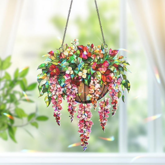 Hanging Basket Floral Suncatcher, Blooming Flower Window Decor, Garden Lover Gift, Wisteria Ornament Decor , Flower Decor, Gift For Her