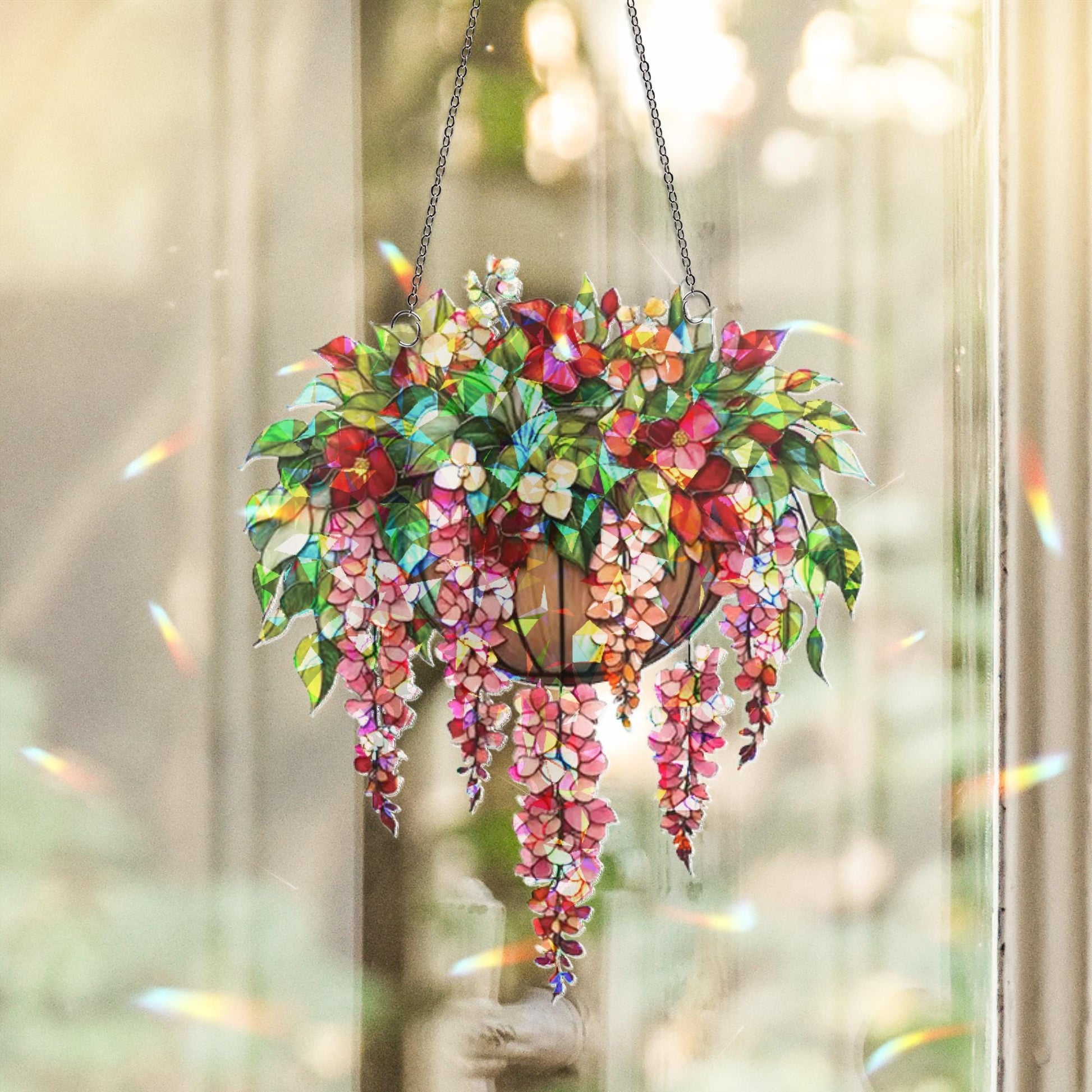 Hanging Basket Floral Suncatcher, Blooming Flower Window Decor, Garden Lover Gift, Wisteria Ornament Decor , Flower Decor, Gift For Her