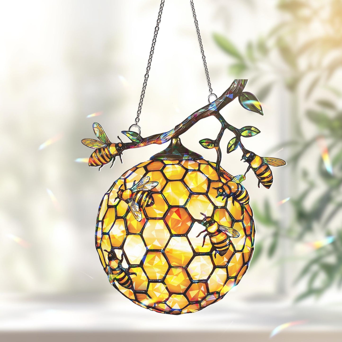 Beehive Honeybee Suncatcher, Nature Lover Gift, Bee Decor for Garden Kitchen, Nature Wall Decor,  Bee Lovers Spring Home, Honeycomb Ornament
