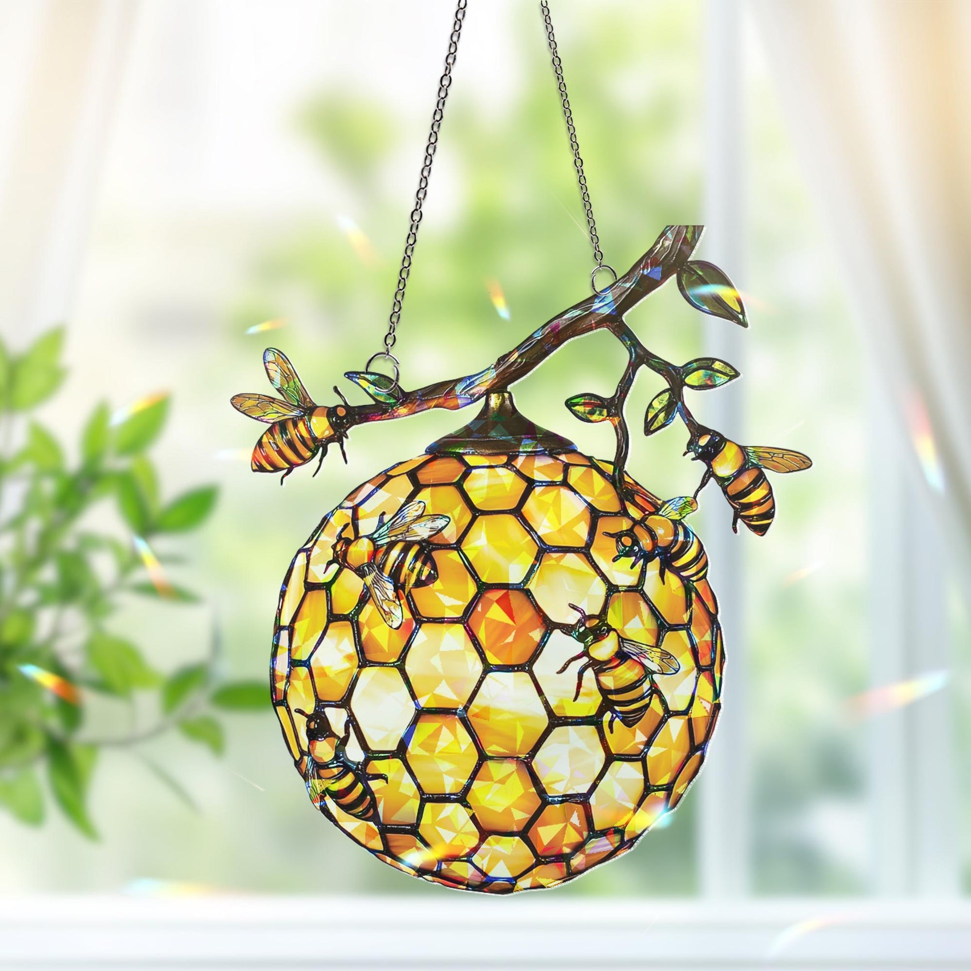 Beehive Honeybee Suncatcher, Nature Lover Gift, Bee Decor for Garden Kitchen, Nature Wall Decor,  Bee Lovers Spring Home, Honeycomb Ornament