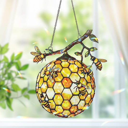 Beehive Honeybee Suncatcher, Nature Lover Gift, Bee Decor for Garden Kitchen, Nature Wall Decor,  Bee Lovers Spring Home, Honeycomb Ornament