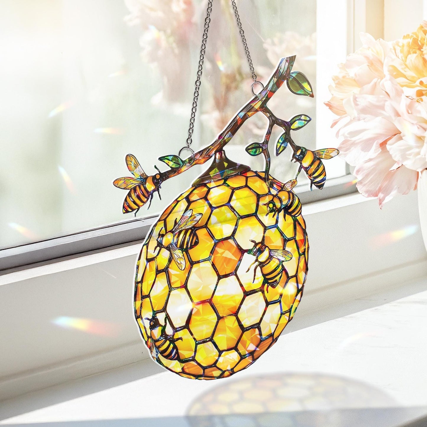 Beehive Honeybee Suncatcher, Nature Lover Gift, Bee Decor for Garden Kitchen, Nature Wall Decor,  Bee Lovers Spring Home, Honeycomb Ornament