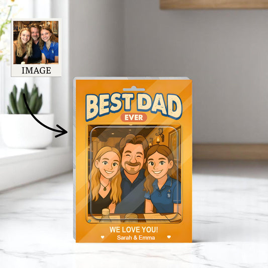 Personalized Father's Day Gift For Dad, Custom Photo Dad And Kids Action Figure Acrylic Block, Best Dad Ever Block Plaque, Gift For Husband