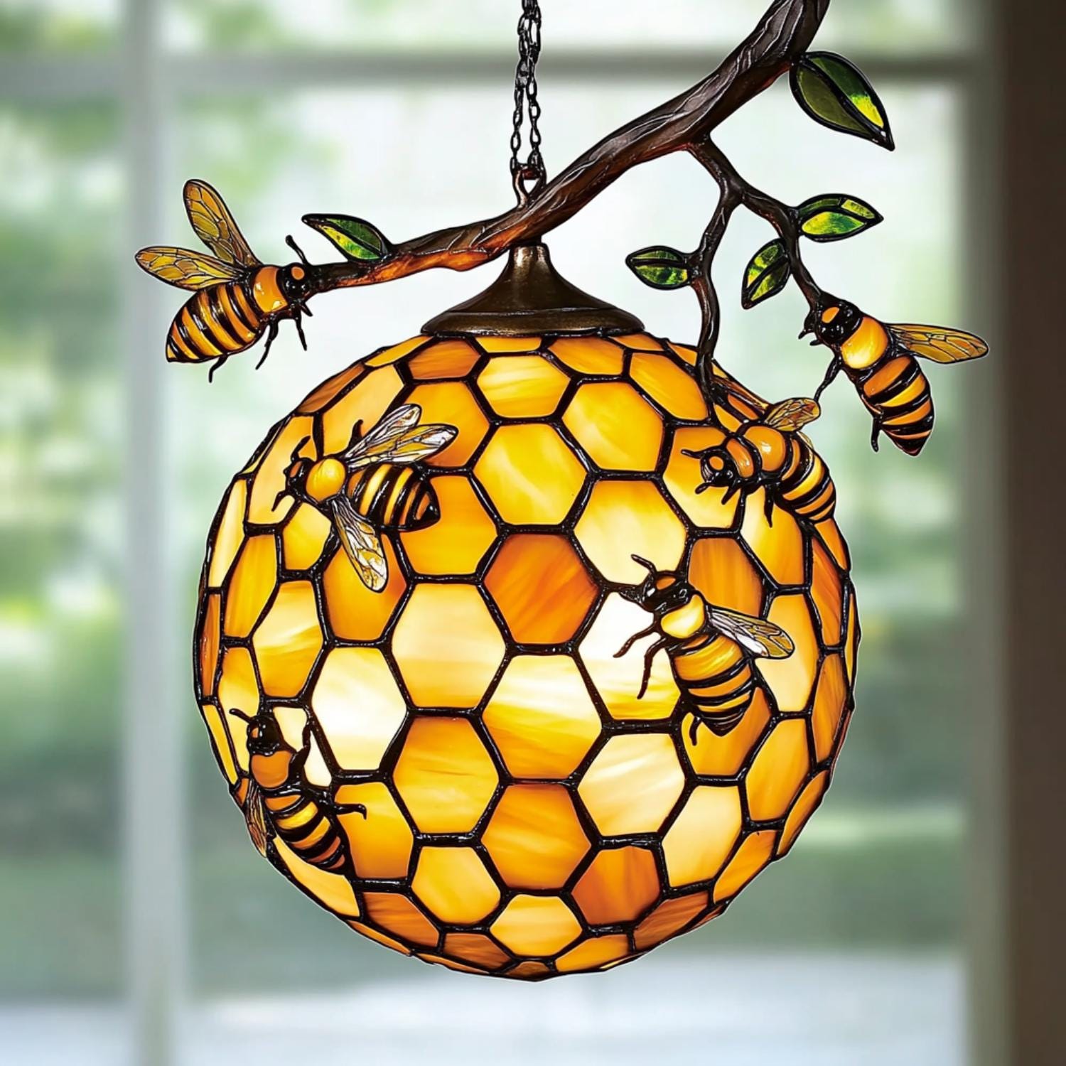 Beehive Honeybee Suncatcher, Nature Lover Gift, Bee Decor for Garden Kitchen, Nature Wall Decor,  Bee Lovers Spring Home, Honeycomb Ornament