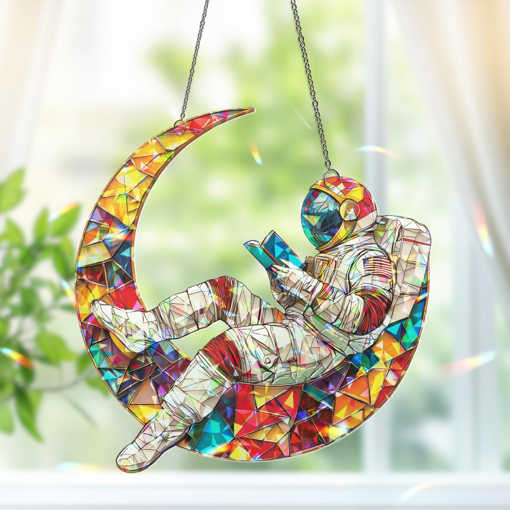 Astronaut on Moon Suncatcher, Cosmic Space Hanging, Book Lover Outer Space Gift, Galaxy Room Decor, Christmas Kid Gift, Book Lover Ornament