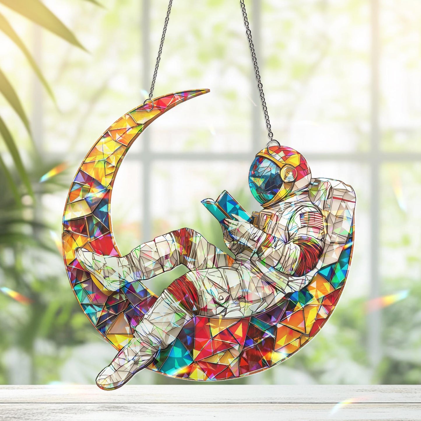 Astronaut on Moon Suncatcher, Cosmic Space Hanging, Book Lover Outer Space Gift, Galaxy Room Decor, Christmas Kid Gift, Book Lover Ornament