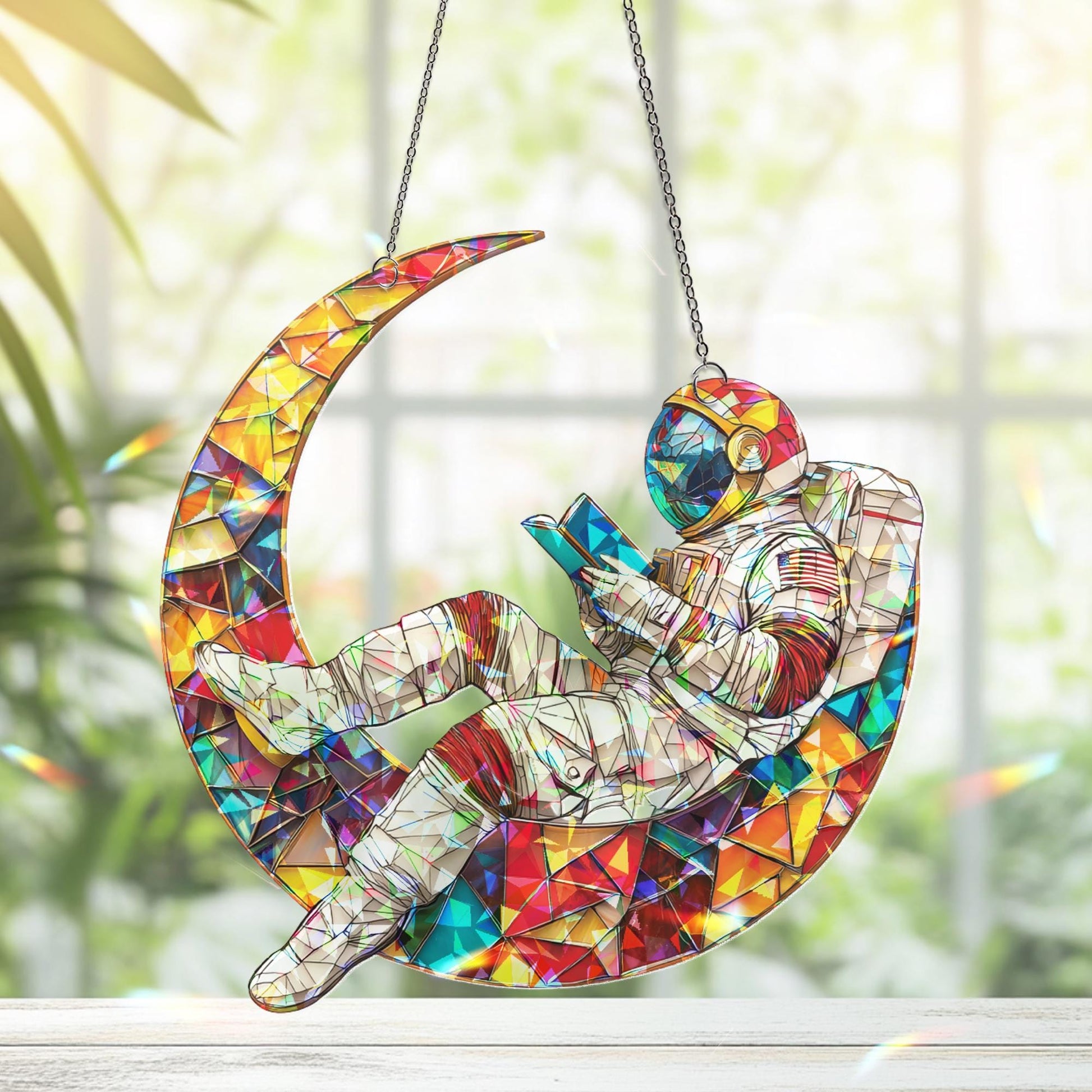 Astronaut on Moon Suncatcher, Cosmic Space Hanging, Book Lover Outer Space Gift, Galaxy Room Decor, Christmas Kid Gift, Book Lover Ornament