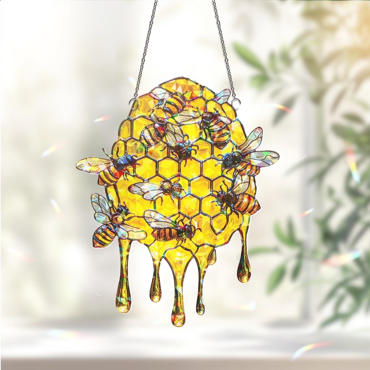Beehive Honeybee Suncatcher, Nature Lover Gift, Bee Decor for Garden Kitchen, Nature Wall Decor,  Bee Lovers Spring Home, Honeycomb Ornament