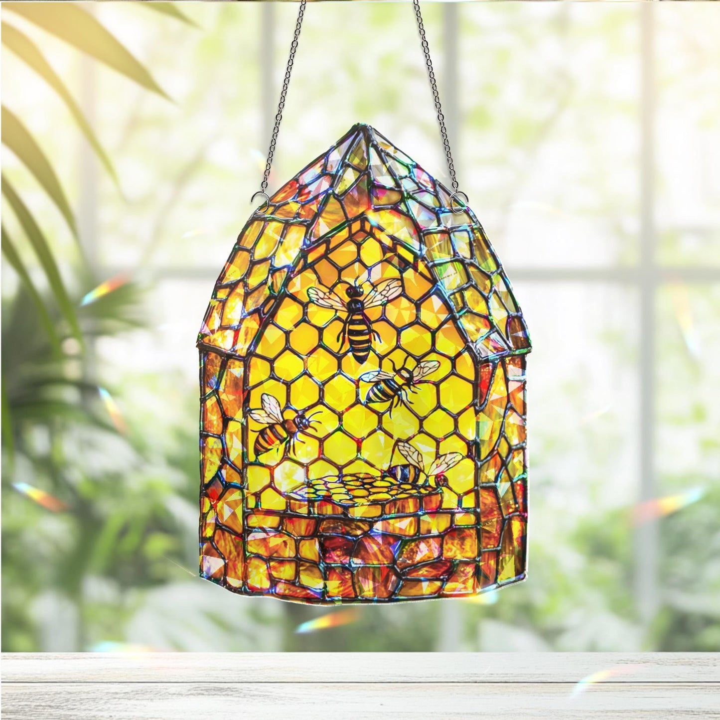 Beehive Honeybee Suncatcher, Nature Lover Gift, Bee Decor for Garden Kitchen, Nature Wall Decor,  Bee Lovers Spring Home, Honeycomb Ornament