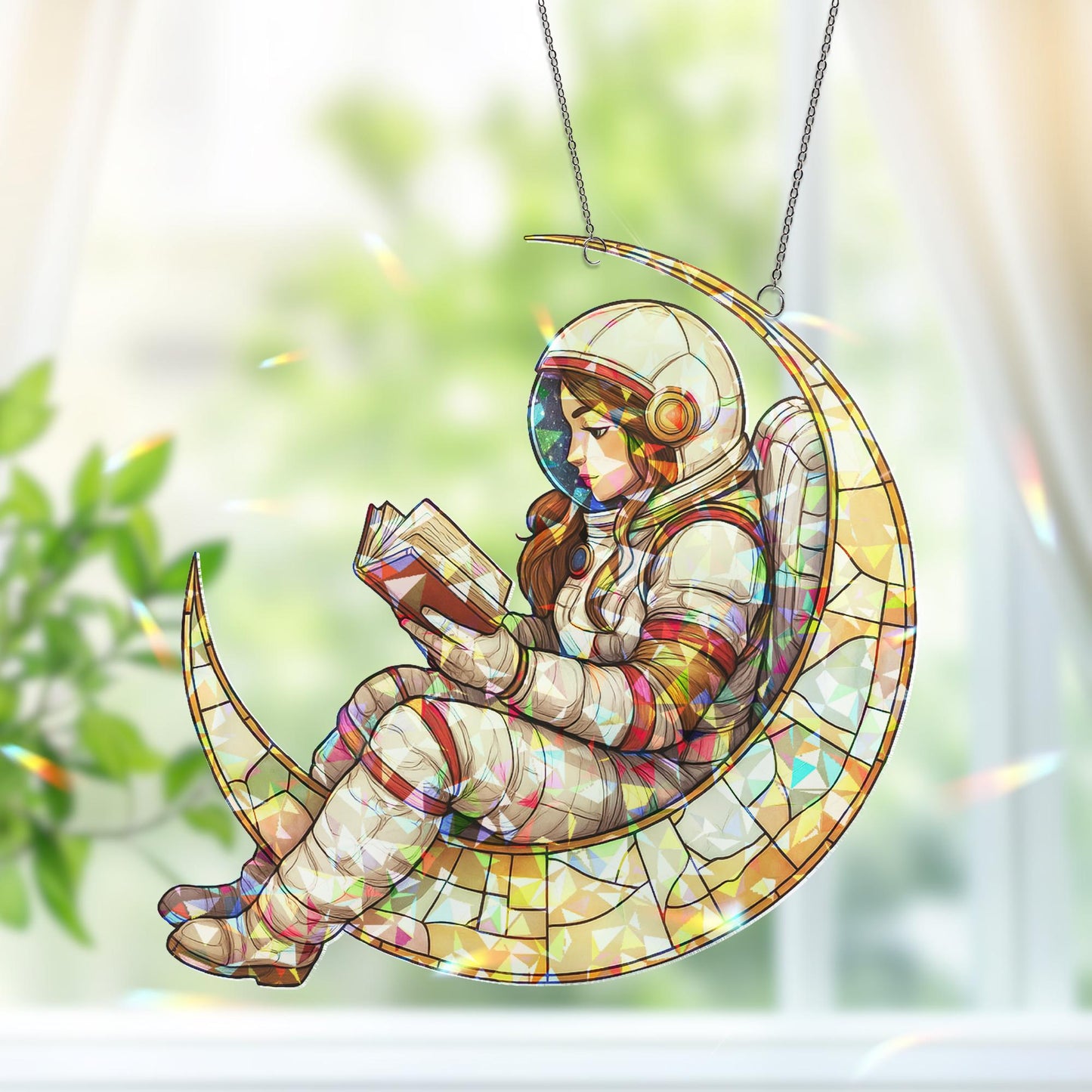 Astronaut on Moon Suncatcher, Cosmic Space Hanging, Book Lover Outer Space Gift, Galaxy Room Decor, Christmas Kid Gift, Book Lover Ornament